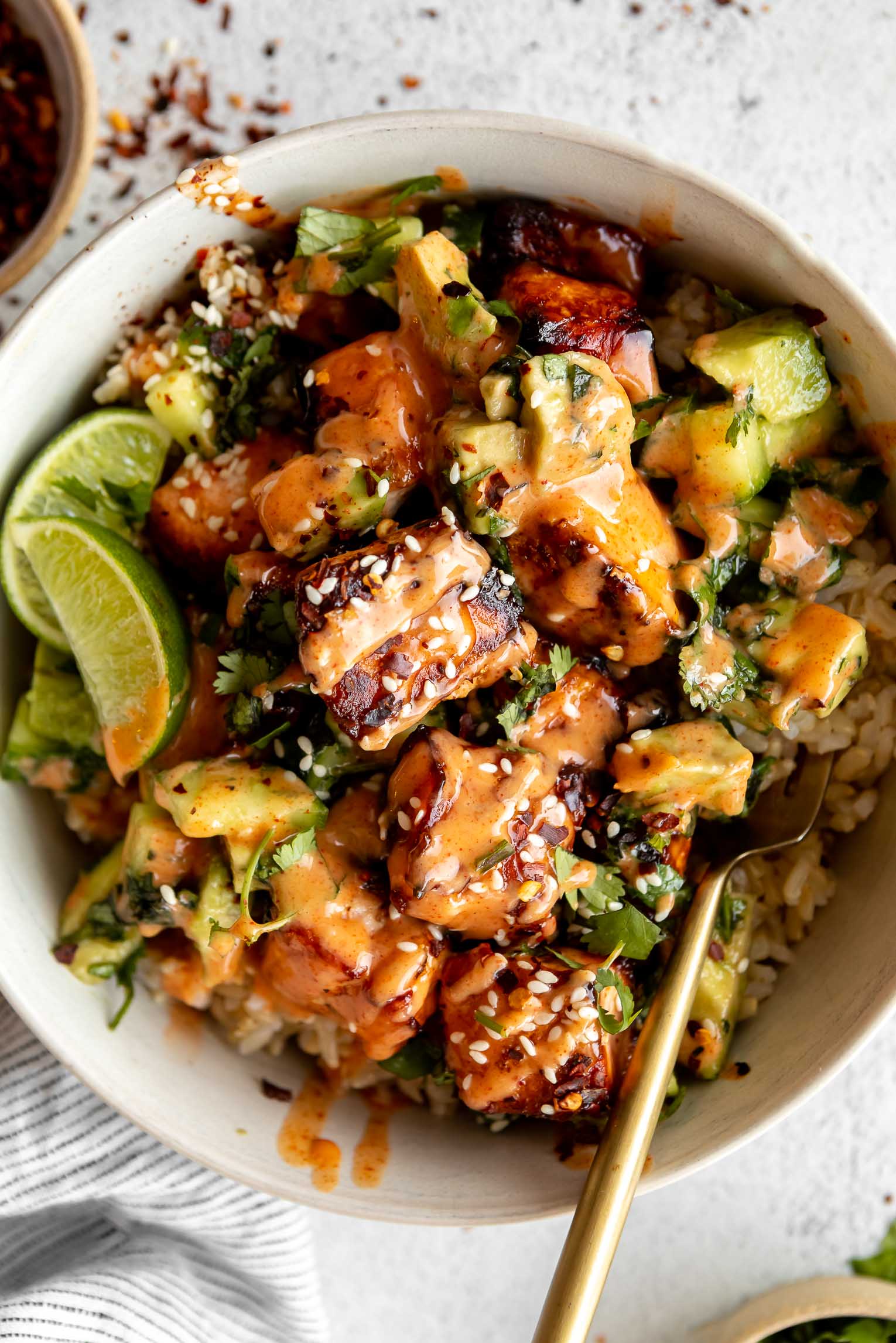 Honey Glazed Salmon Bowls with Crisp Salmon and Paprika Mayo