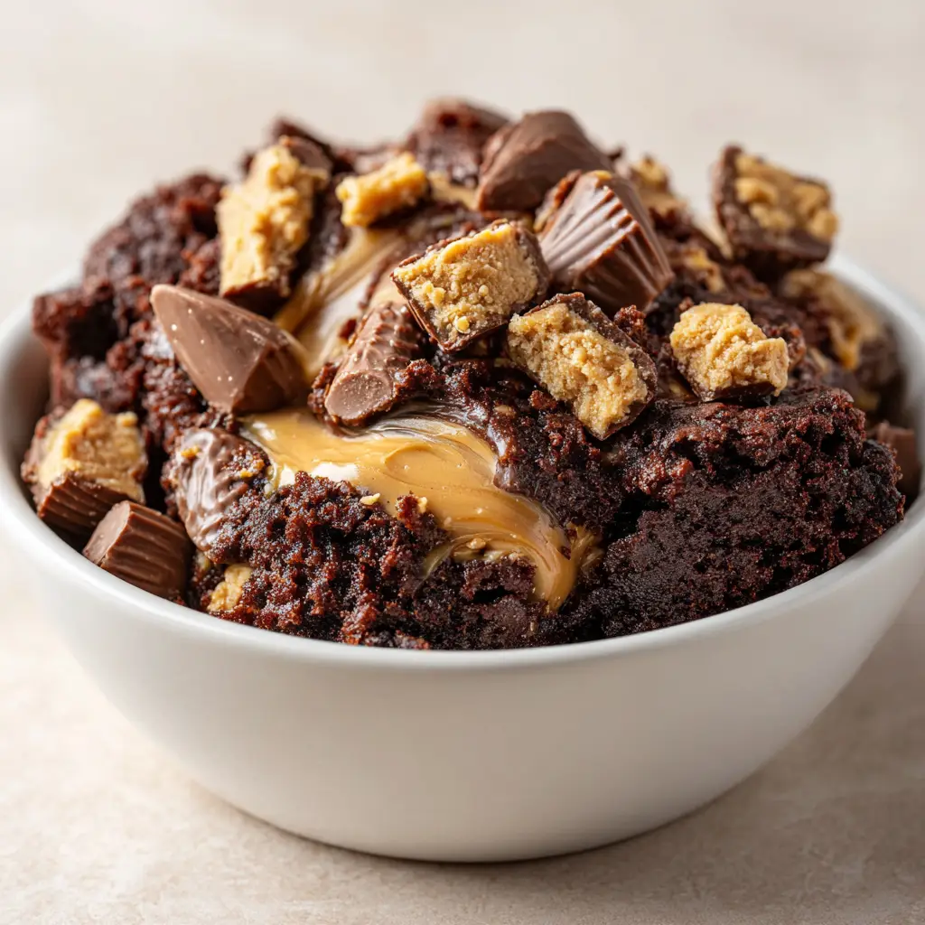 Fudgy Peanut Butter Cup Dump Cake with Dark Chocolate Swirls
