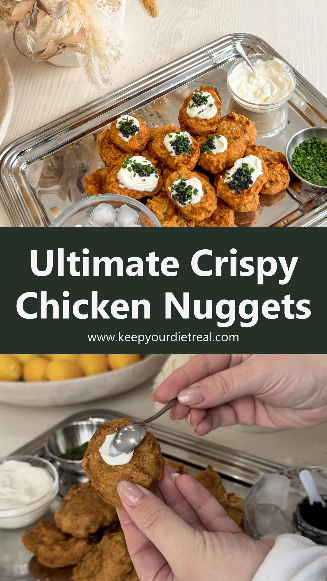 Crispy Chicken Nuggets with Crème Fraîche and Briny Caviar — pin 1