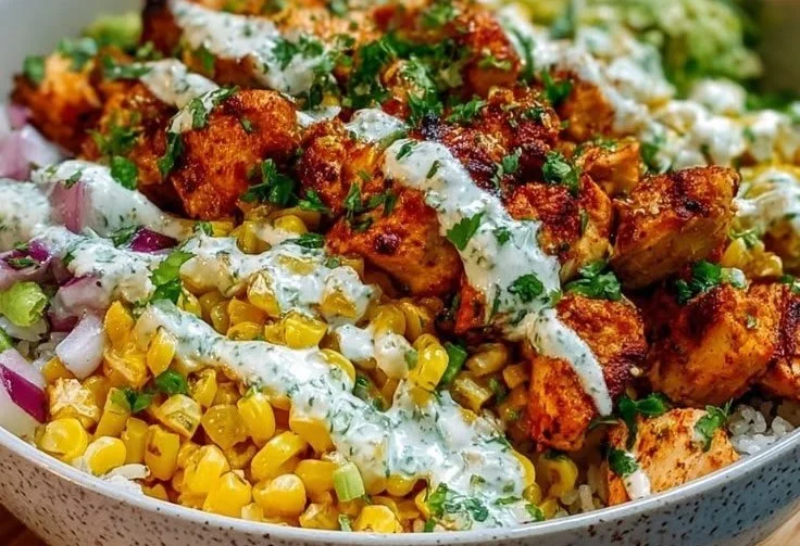 Healthy Street Corn Chicken Bowl with Lime, Corn, and Avocado