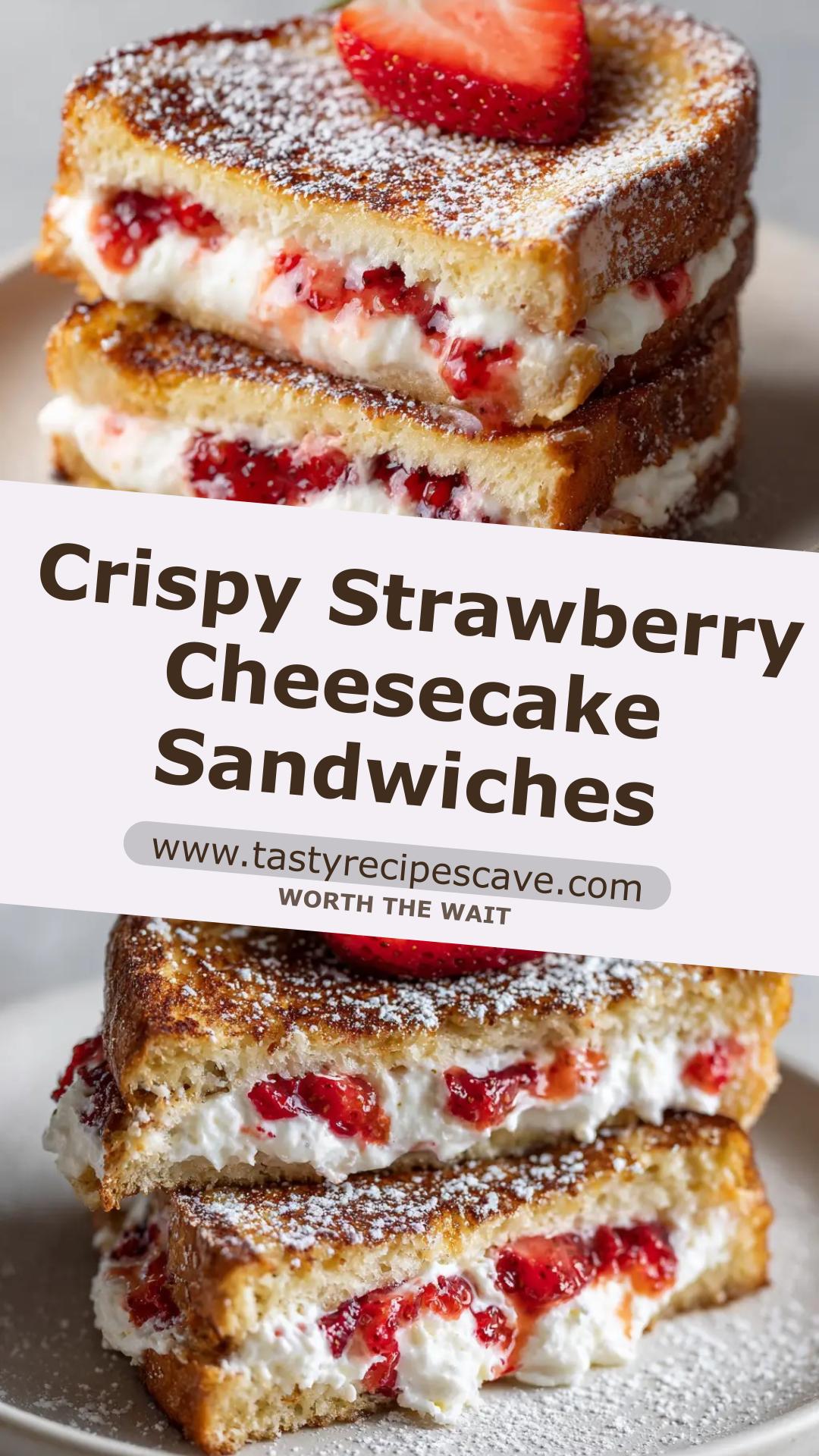 Fried Strawberry Cheesecake Sandwiches with Glossy Strawberries — pin 1