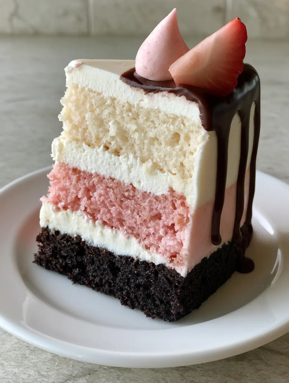 Neapolitan Cake with Chocolate Drip and Strawberry Center