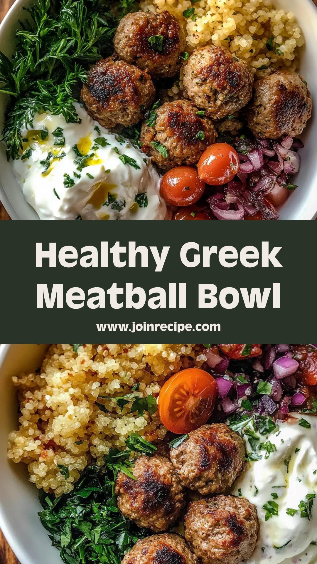 Greek Meatball Bowl with Savory Lamb and Quinoa — pin 1