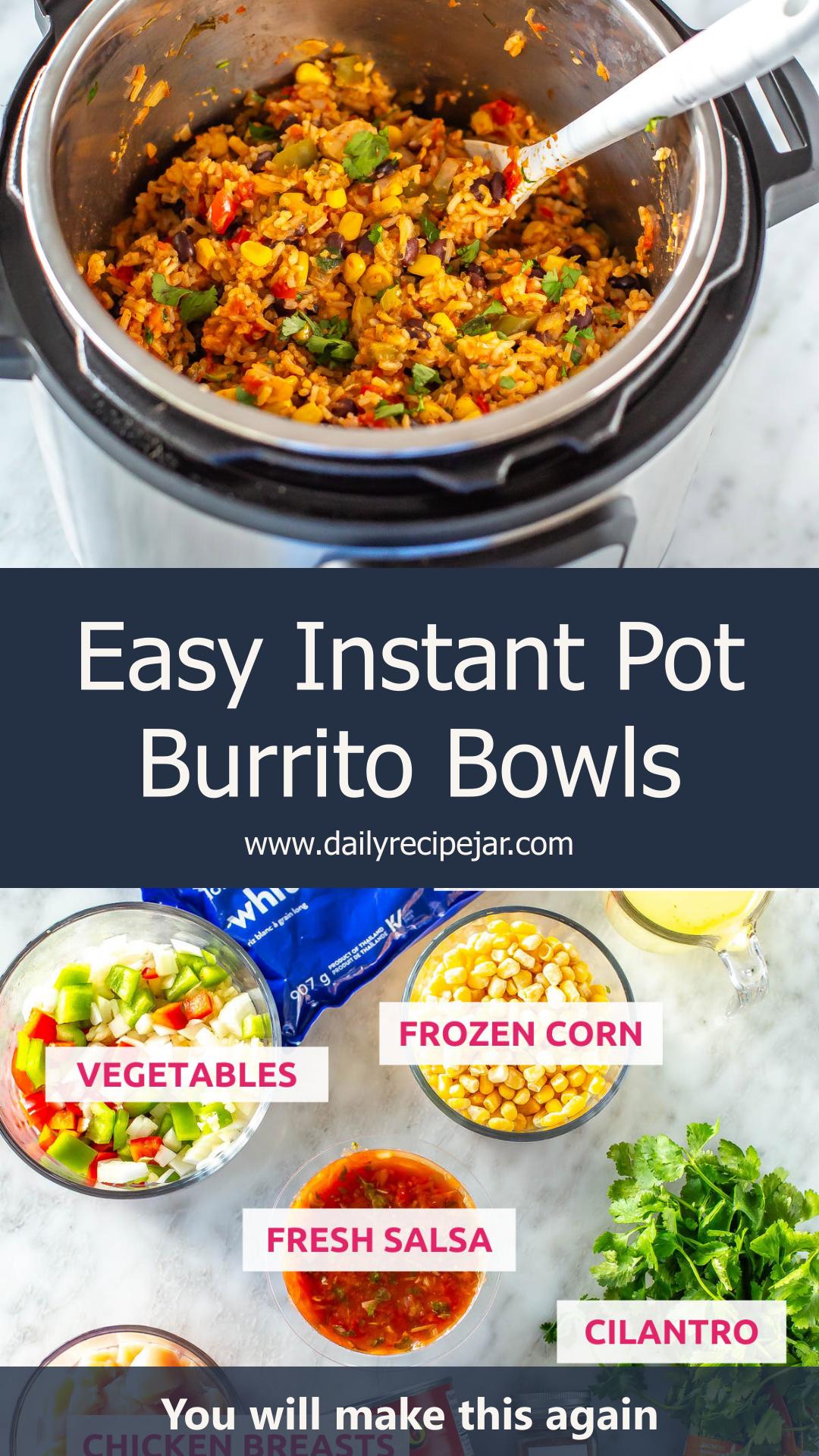 Instant Pot Chicken Burrito Bowls with Salsa, Black Beans, and Corn — pin 1