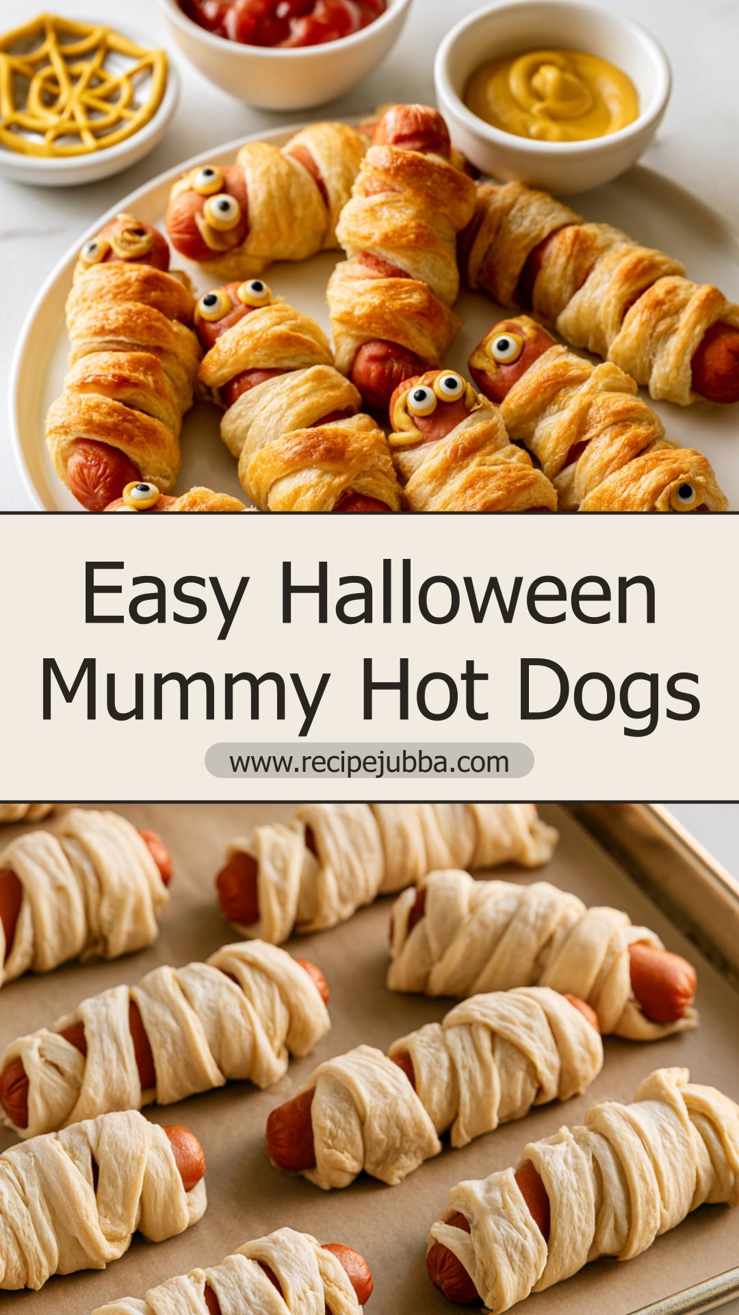 Halloween Mummy Hot Dogs with Flaky Crescent Roll Wrapping — pin 4