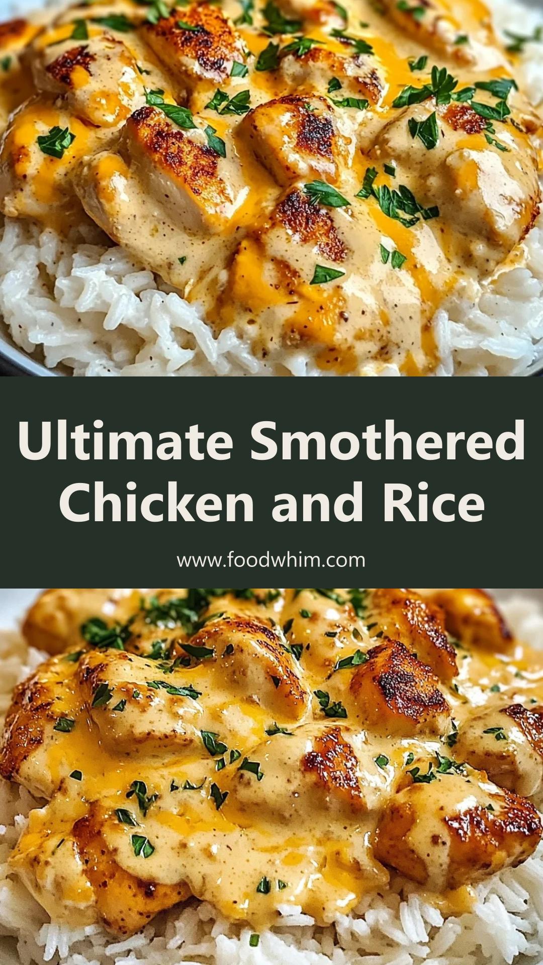 Creamy Smothered Chicken and Rice with Cheddar-Parmesan Sauce — pin 1