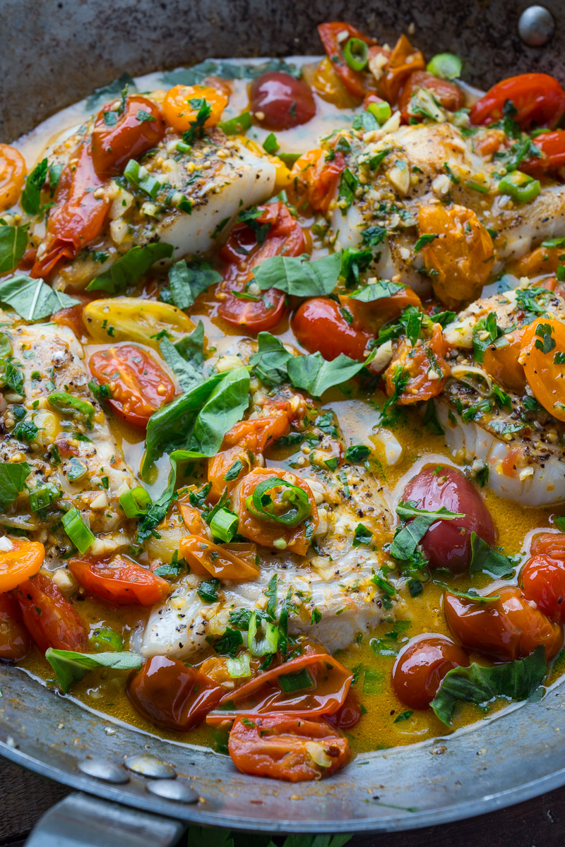 Cod in Tomato Lemon Butter Sauce with Blistered Tomatoes