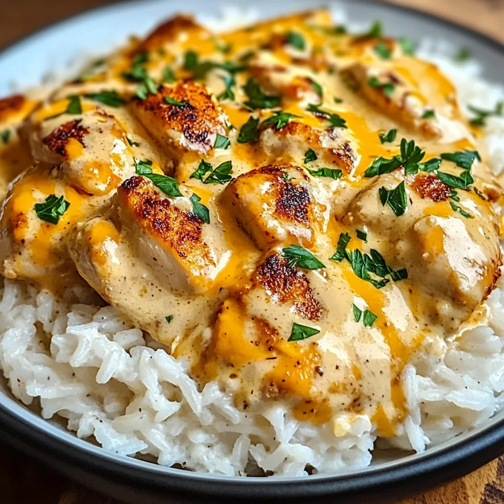 Creamy Smothered Chicken and Rice with Cheddar-Parmesan Sauce