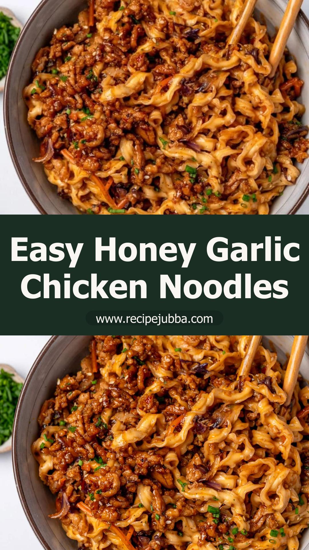 Sticky Honey Garlic Chicken Noodles with Crisped Slaw — pin 1