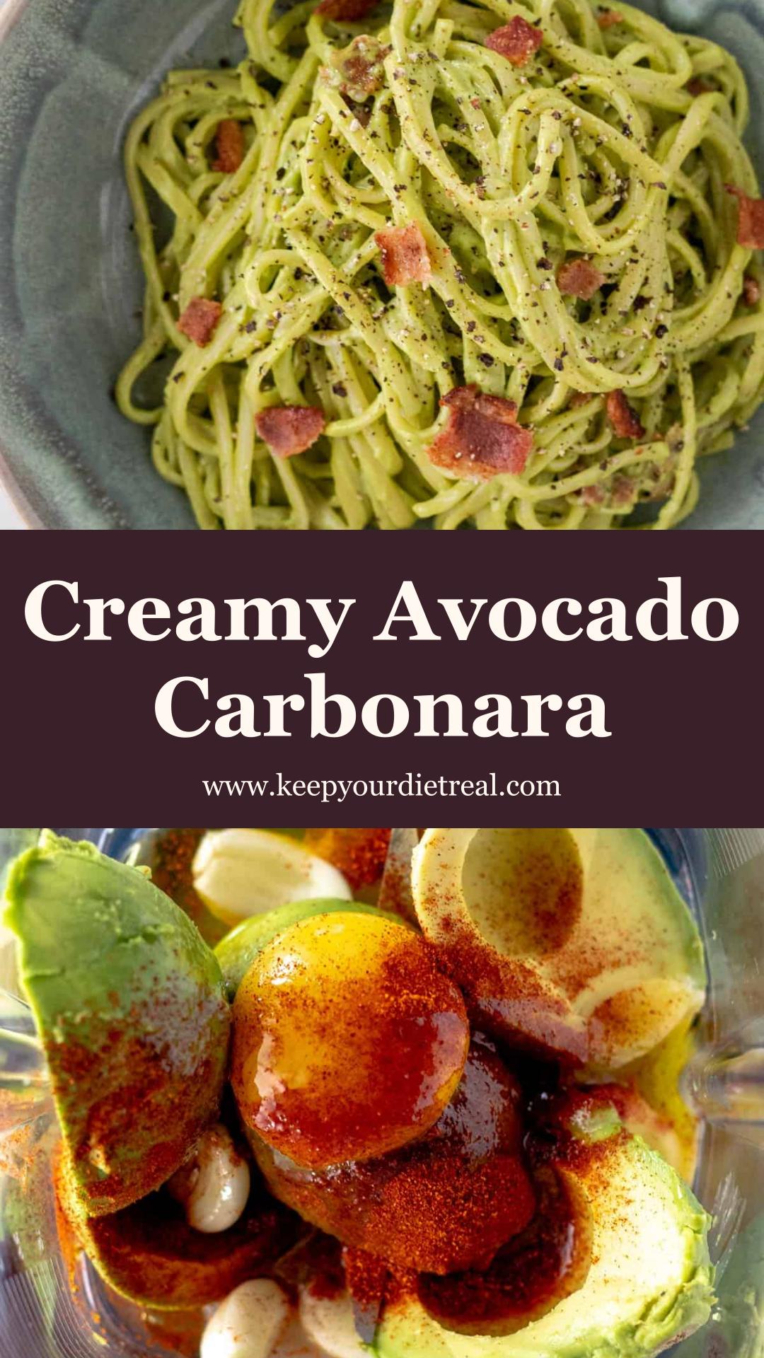 Avocado Carbonara with Creamy Kale Sauce, Bacon, and Parmesan — pin 3