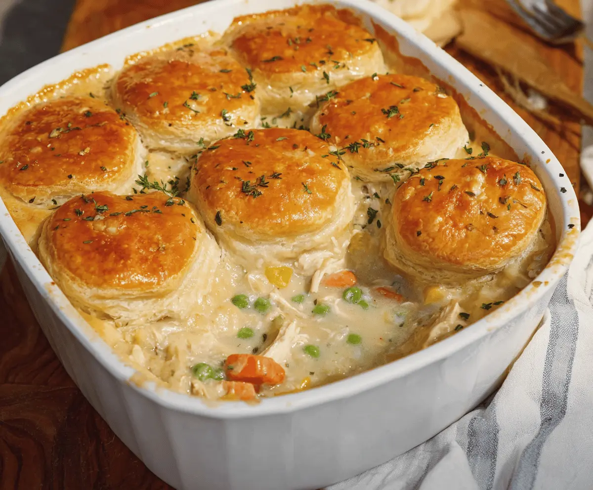 Easy Homemade Chicken Pot Pie Casserole: Comforting Dinner with Fluffy Biscuits