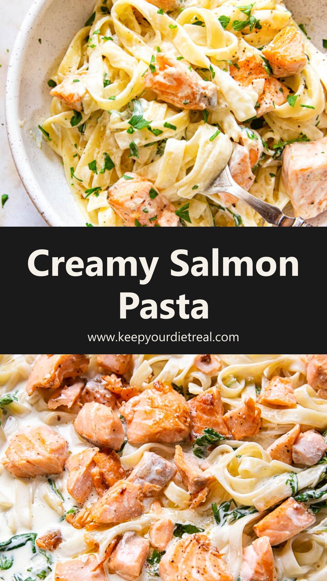 Creamy Salmon Pasta with Mixed Greens and White Wine Cream Sauce — pin 1