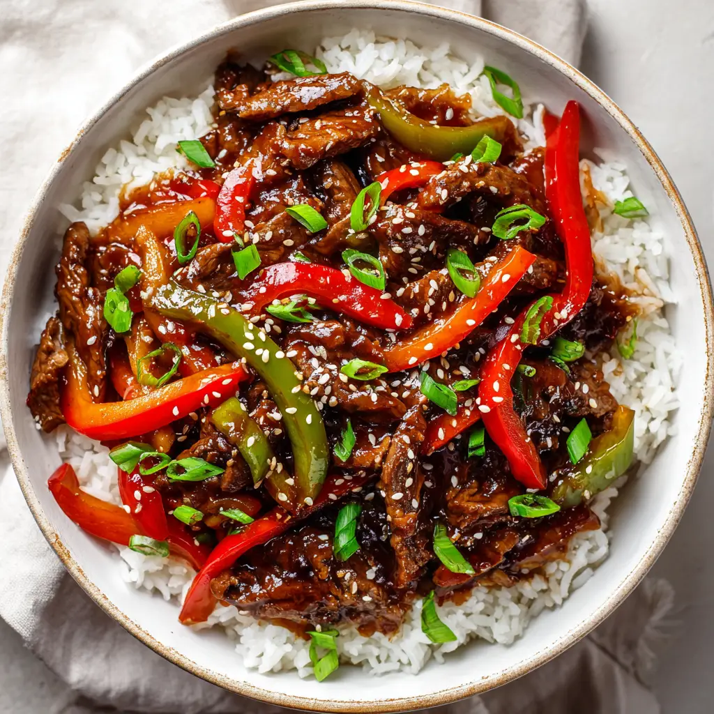 Slow Cooker Pepper Steak with Bell Peppers and Soy Garlic Sauce