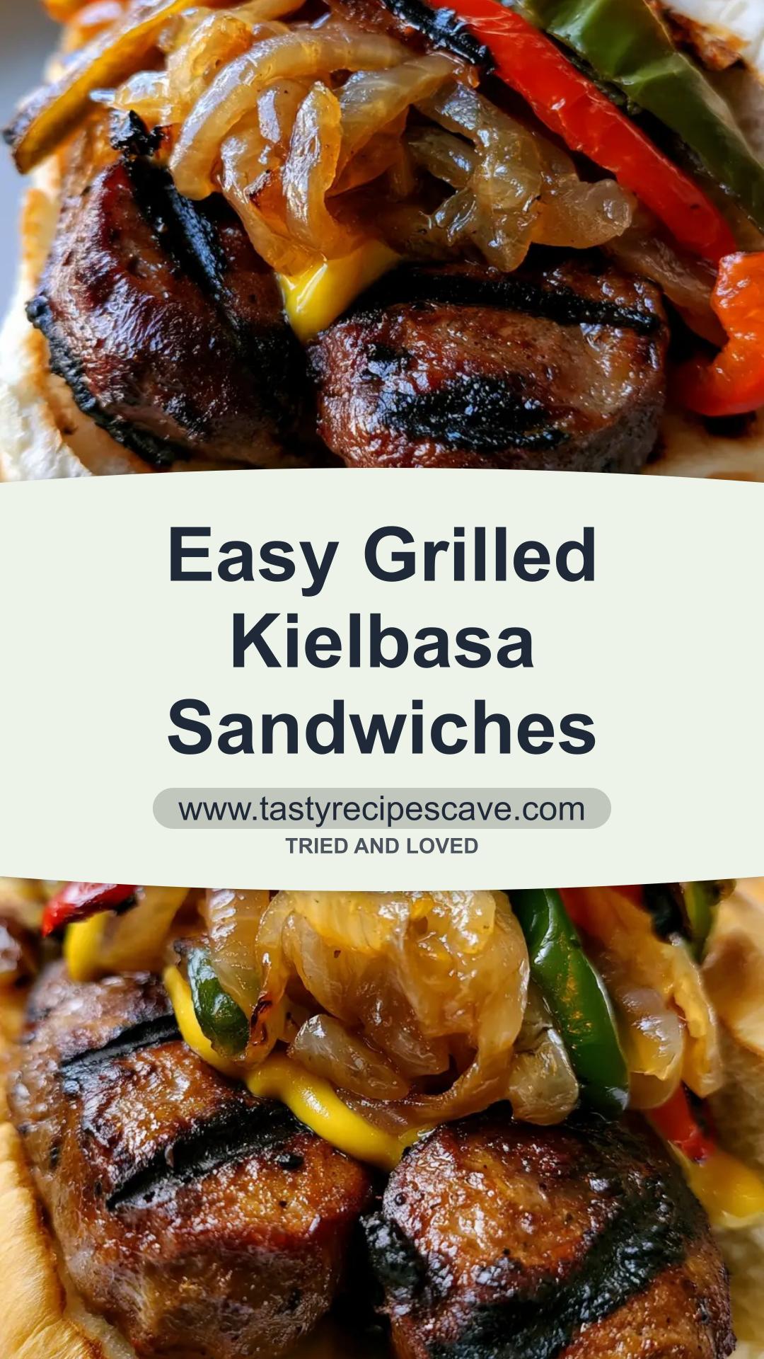 Grilled Kielbasa Sandwiches with Charred Peppers and Jammy Onions — pin 1