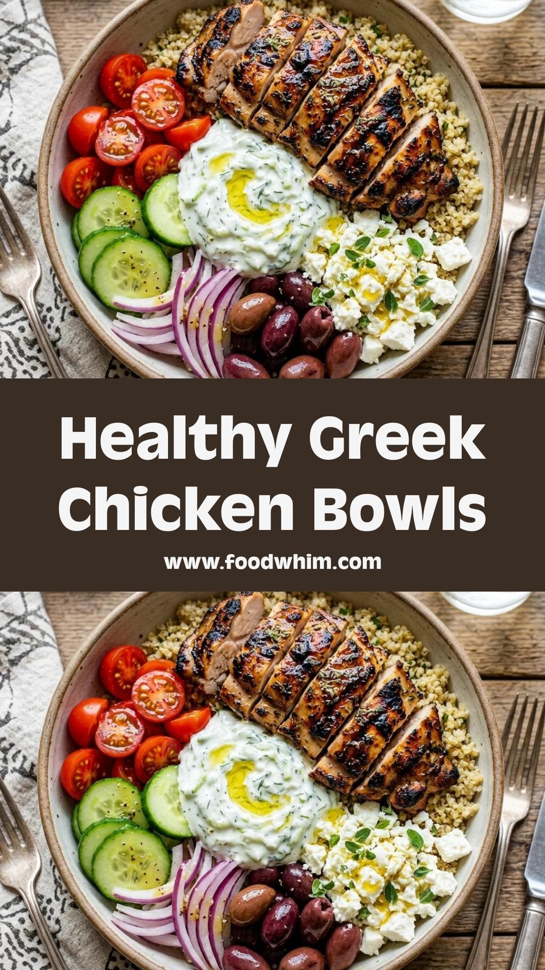 Greek Chicken Bowls with Crunchy Cucumber and Creamy Feta — pin 1