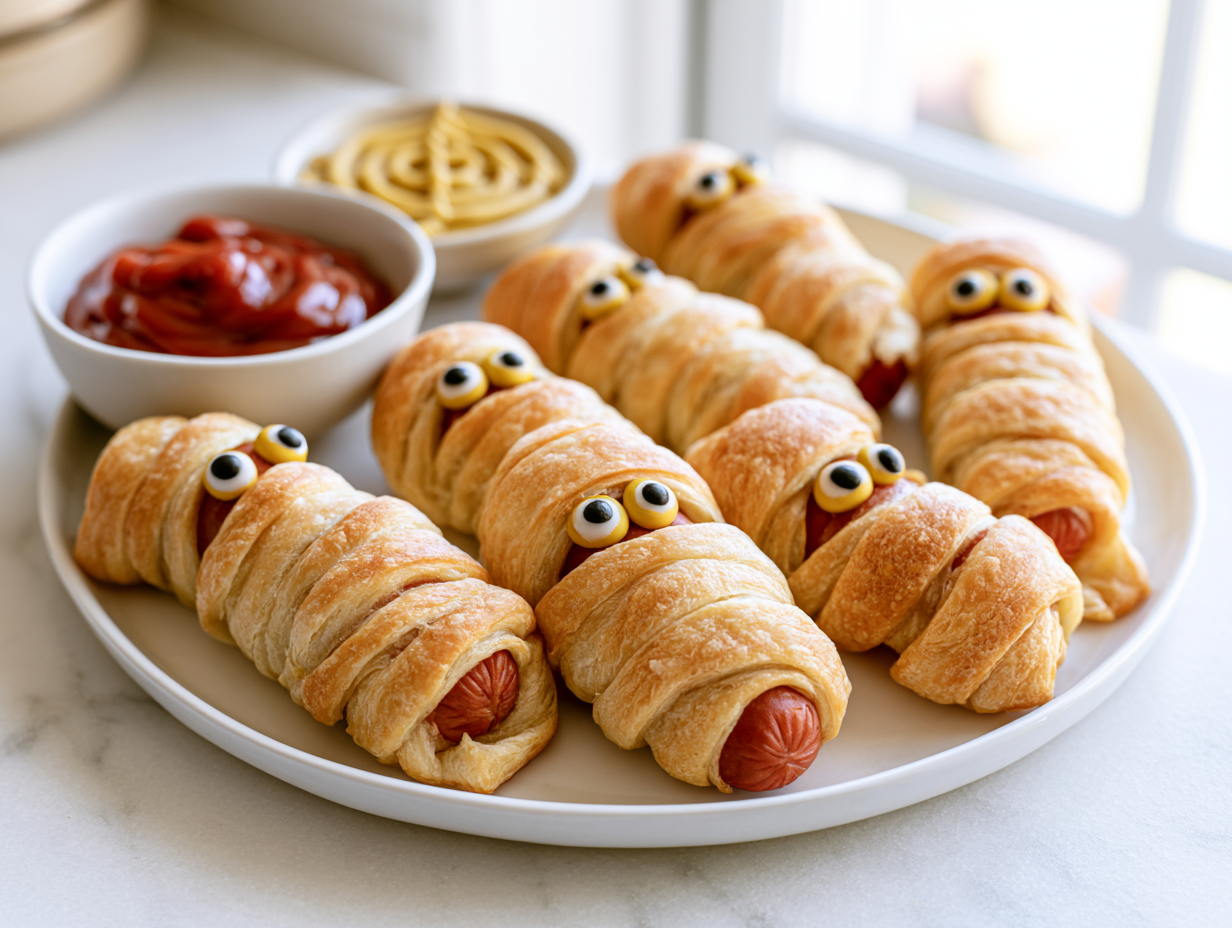 Halloween Mummy Hot Dogs with Flaky Crescent Roll Wrapping