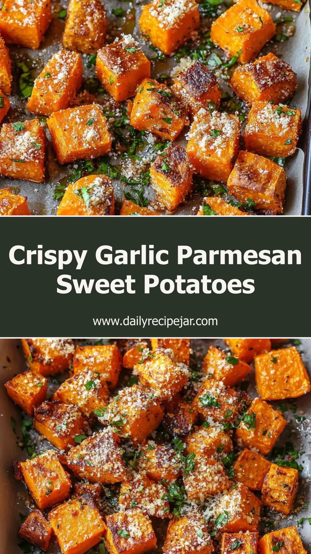 Garlic Parmesan Roasted Sweet Potatoes with Crispy Toasty Edges — pin 1